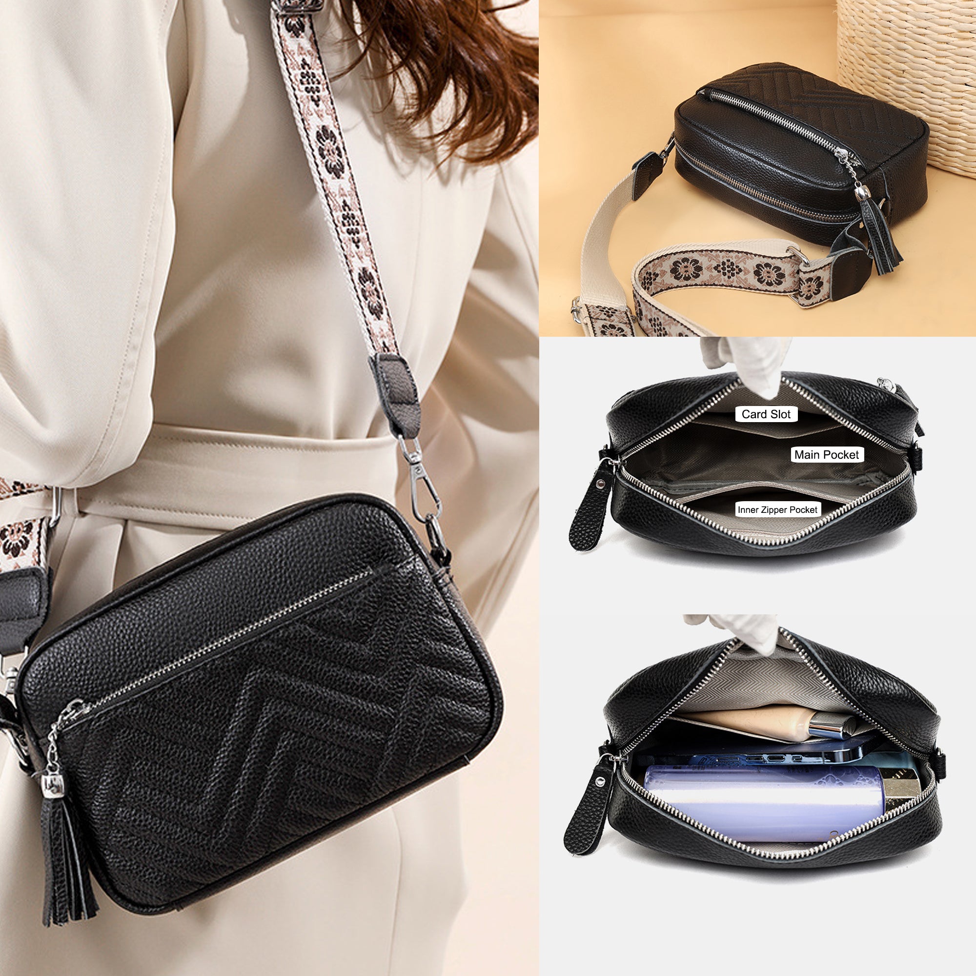 Entchin Women's Genuine Leather Top Grain Leather Crossbody Shoulder Bag with Detachable Strap