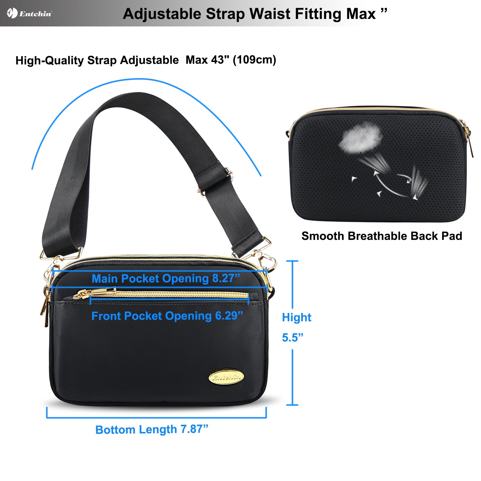 Entchin Fanny Packs for Women Men, Fashion Waist Pack Belt Bags with 4 zipper Pockets, Bum Bag Walking Shopping Travel Cycling