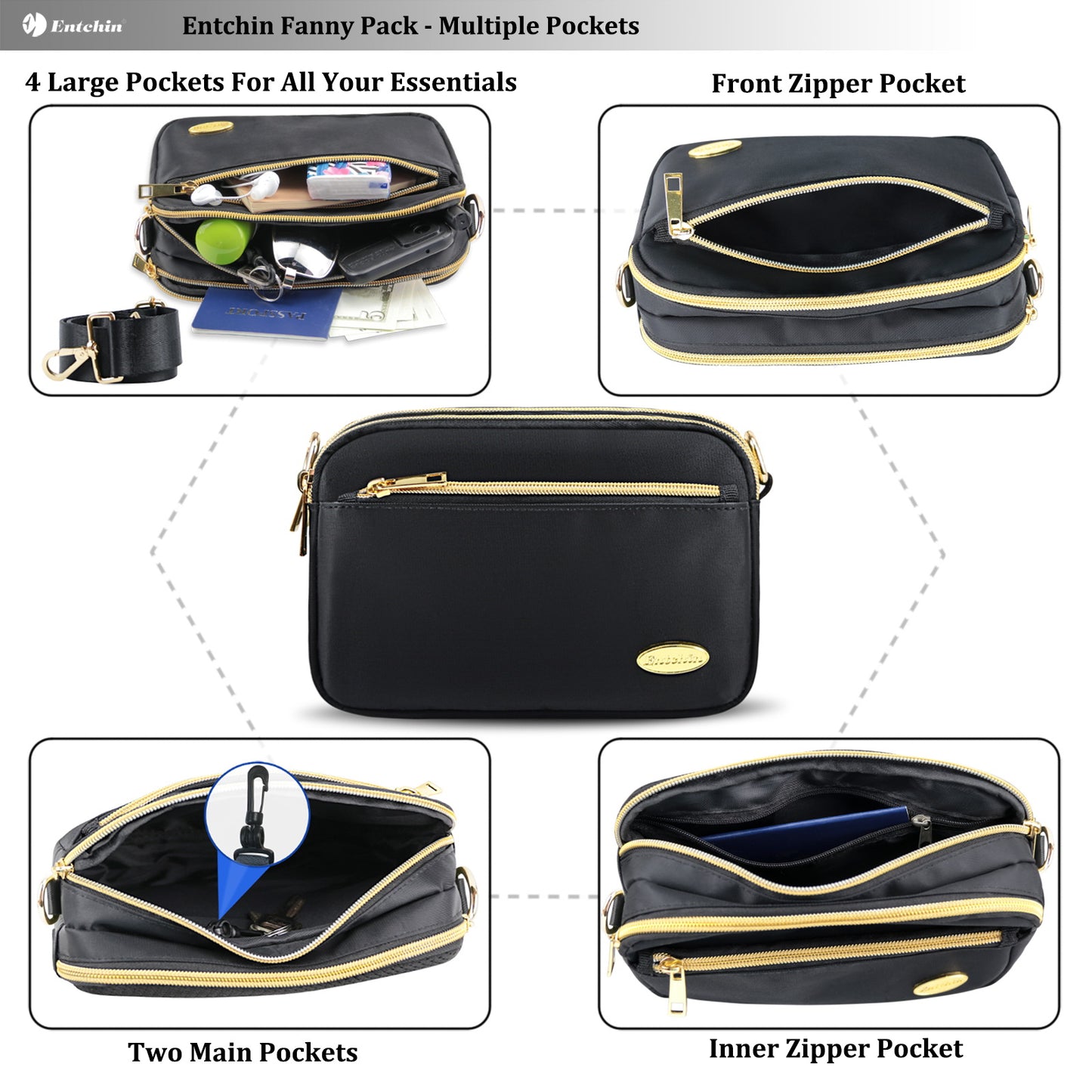 Entchin Fanny Packs for Women Men, Fashion Waist Pack Belt Bags with 4 zipper Pockets, Bum Bag Walking Shopping Travel Cycling