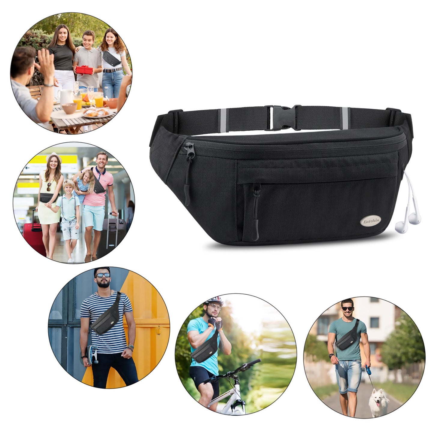 Entchin Large fanny pack for men women with 4-Zipper Pockets, premium Waist Pack Crossbody Bum Bags for Hiking, Running, Travel, Cycling and Casual