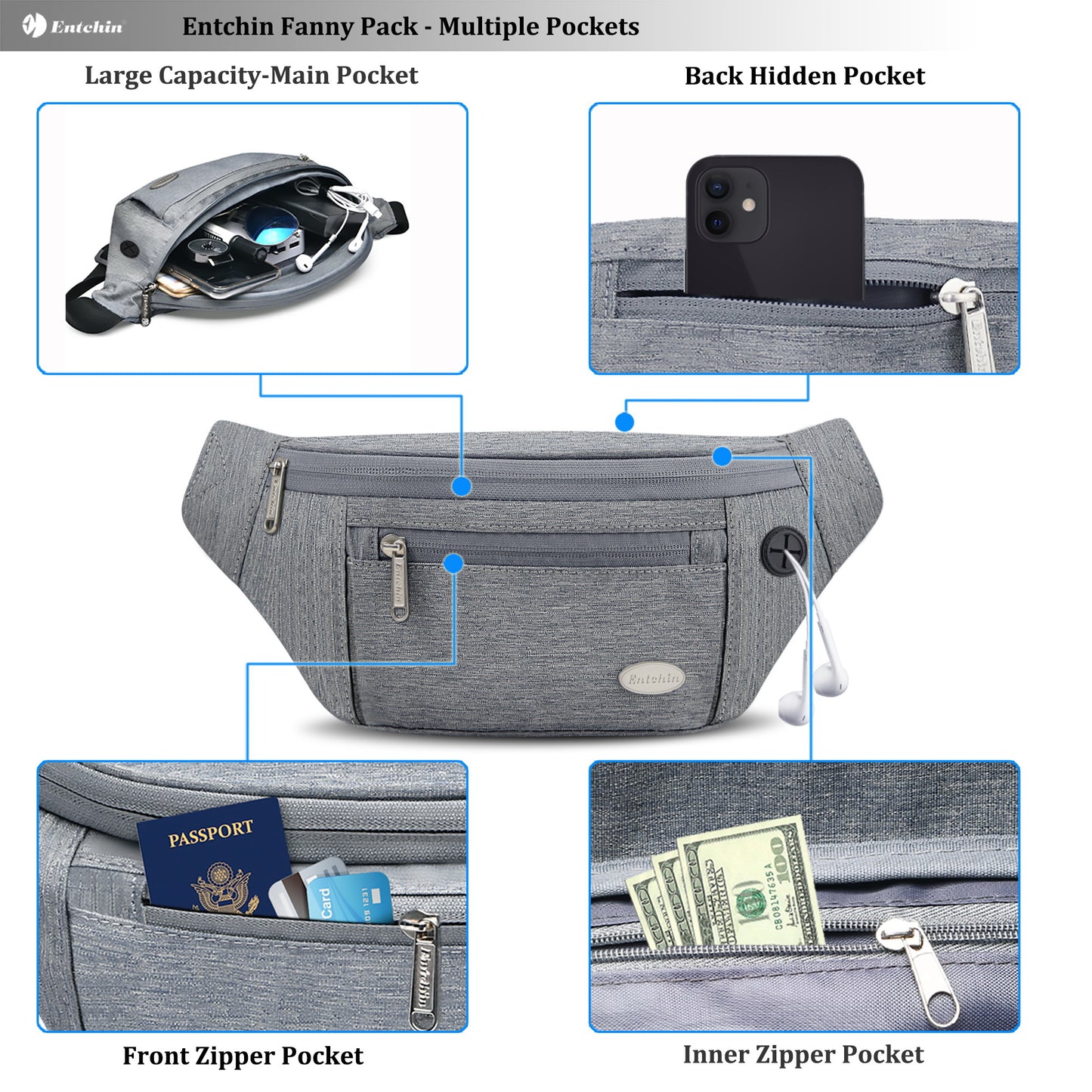 Entchin Fanny Pack for Women Men with 4-Zipper Pockets, premium fashion Waist Pack Crossbody Bum Bags