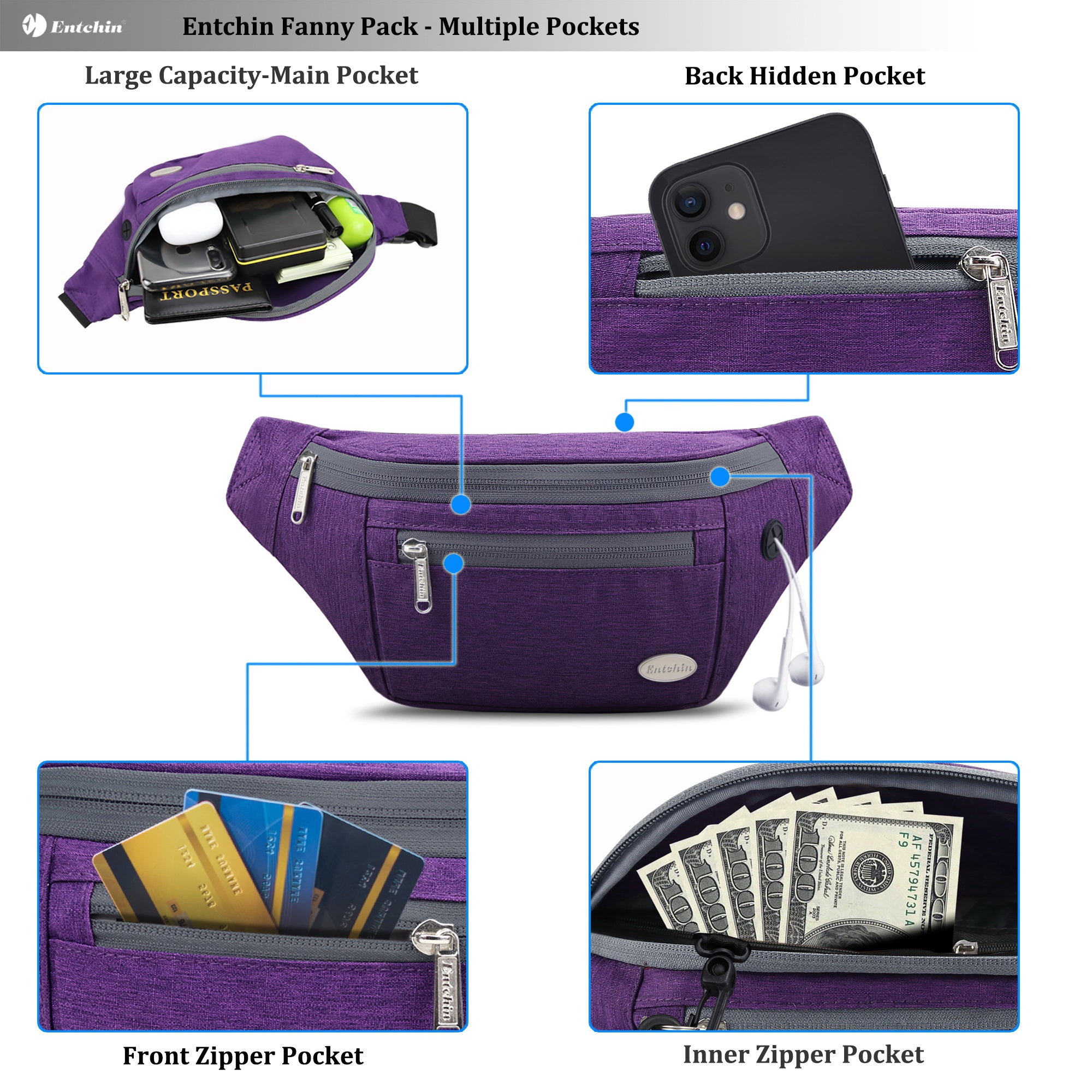 Entchin Fanny Pack for Women Men with 4-Zipper Pockets, premium fashion Waist Pack Crossbody Bum Bags