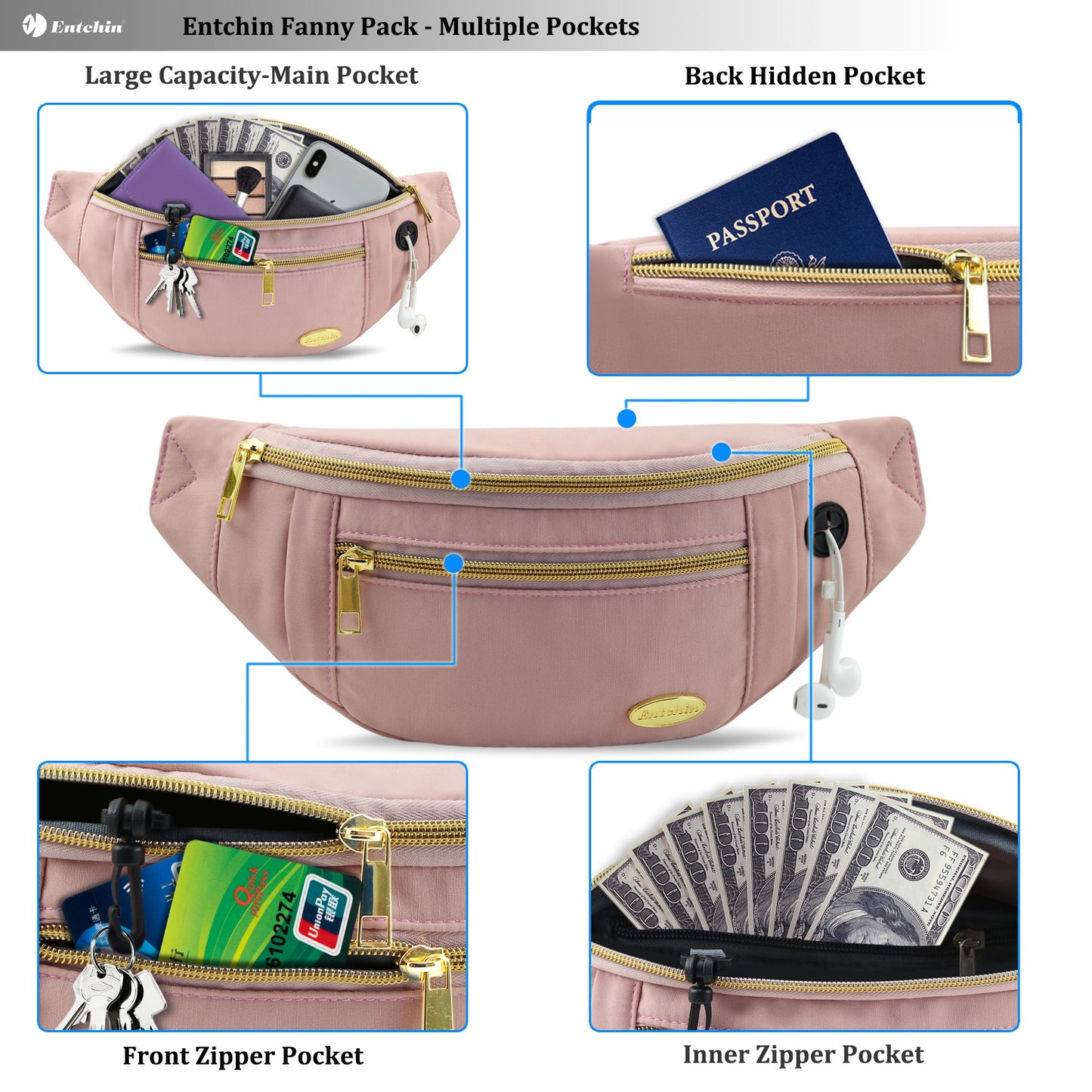 Entchin Small Fanny Pack Mini Bum 4 zipper pocket adjustable Belt Bag