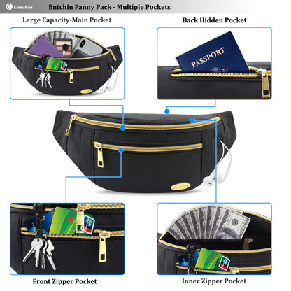 Entchin Small Fanny Pack Mini Bum 4 zipper pocket adjustable Belt Bag