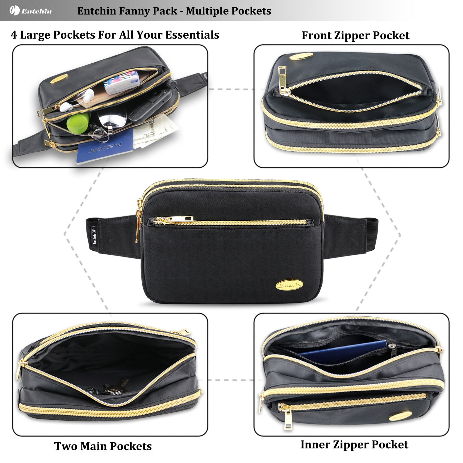 Entchin Fanny Packs for Women Men, Fashion Waist Pack Belt Bags with 4 zipper Pockets, Bum Bag Walking Shopping Travel Cycling