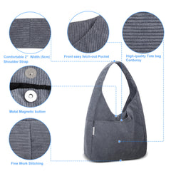 Entchin Women Corduroy / Nylon Tote Bag Magnetic Button 4 Pockets Premium Casual Tote's Handbag Big Capacity Shoulder Bag