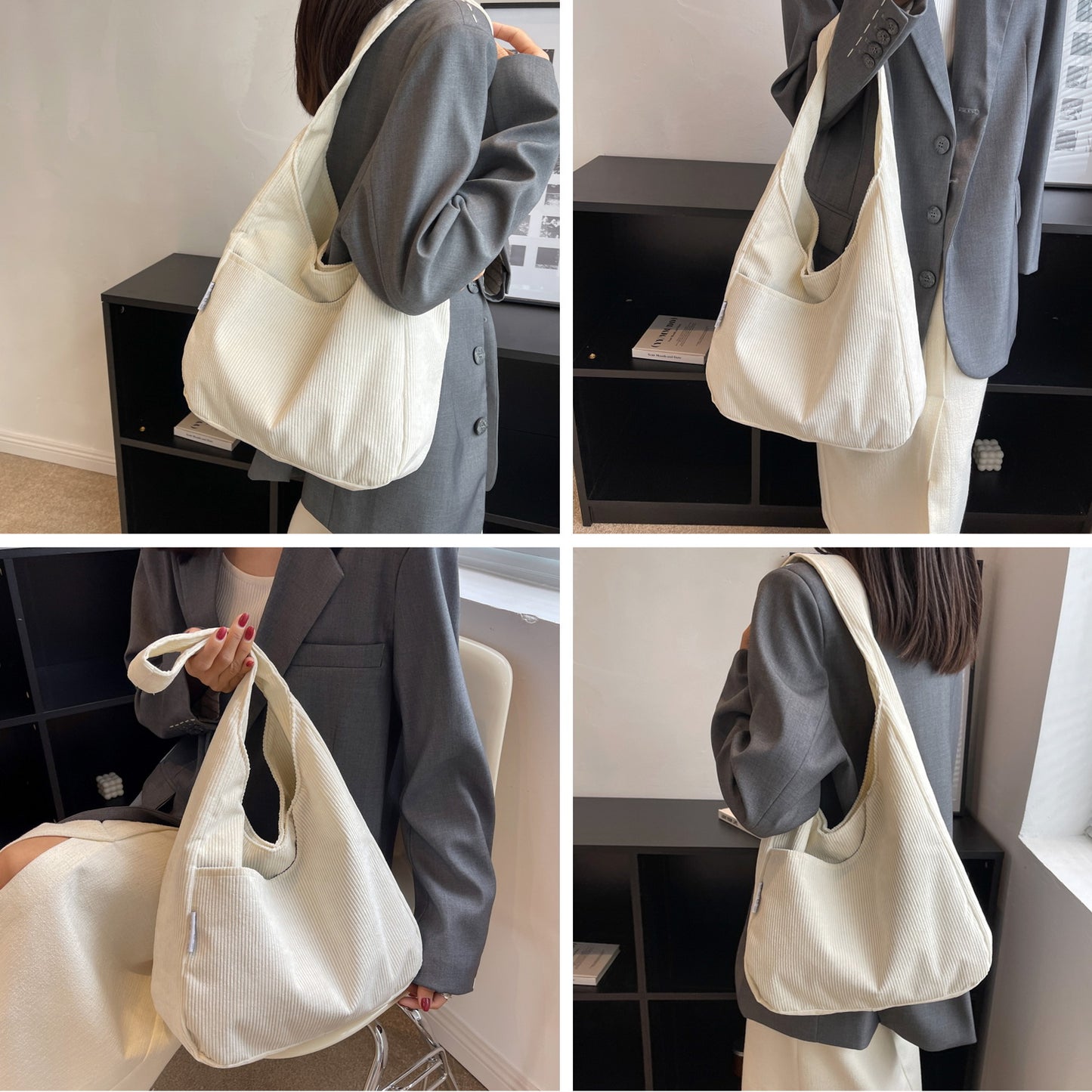 Entchin Women Corduroy / Nylon Tote Bag Magnetic Button 4 Pockets Premium Casual Tote's Handbag Big Capacity Shoulder Bag