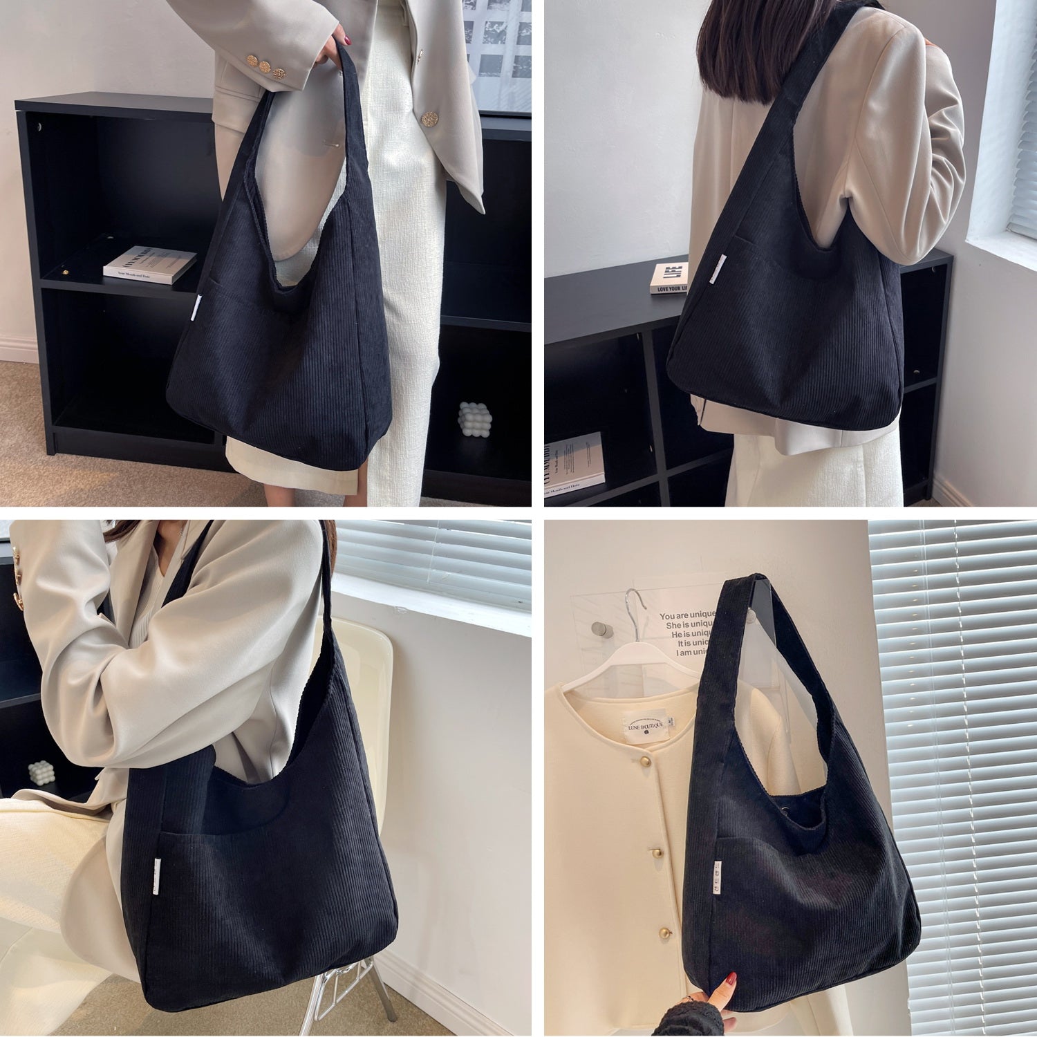 Entchin Women Corduroy / Nylon Tote Bag Magnetic Button 4 Pockets Premium Casual Tote's Handbag Big Capacity Shoulder Bag